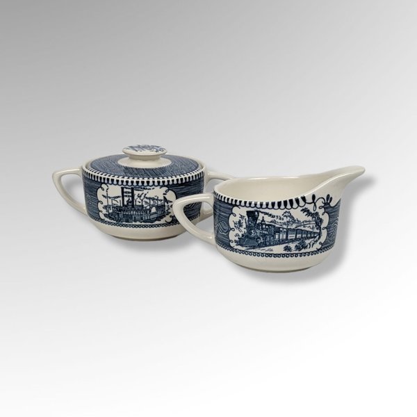 Currier and Ives Blue Cream and Sugar set with Train