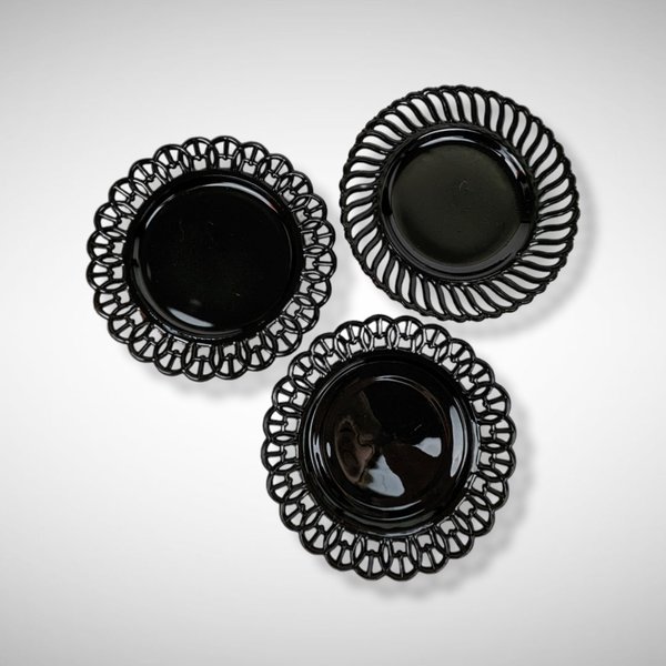 Set of 3 Vintage Black Glass Plates