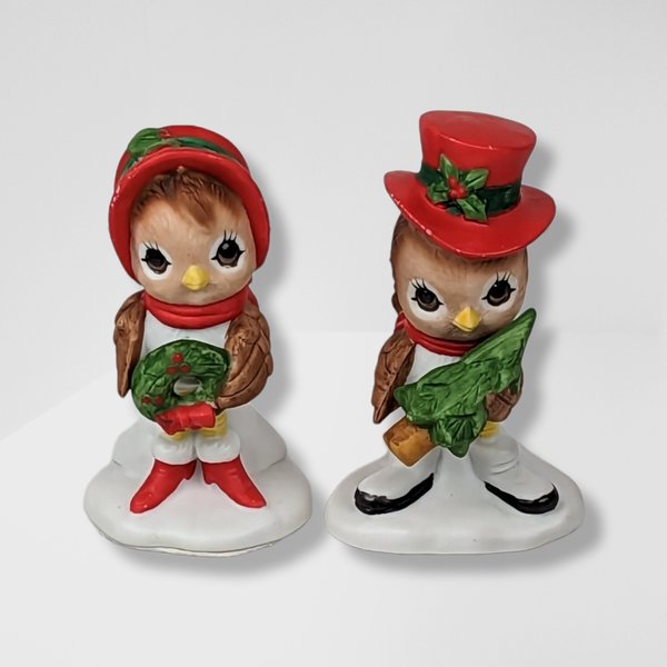 Vintage Lefton Spencer Sparrow and Lady Christmas Pair Figurines