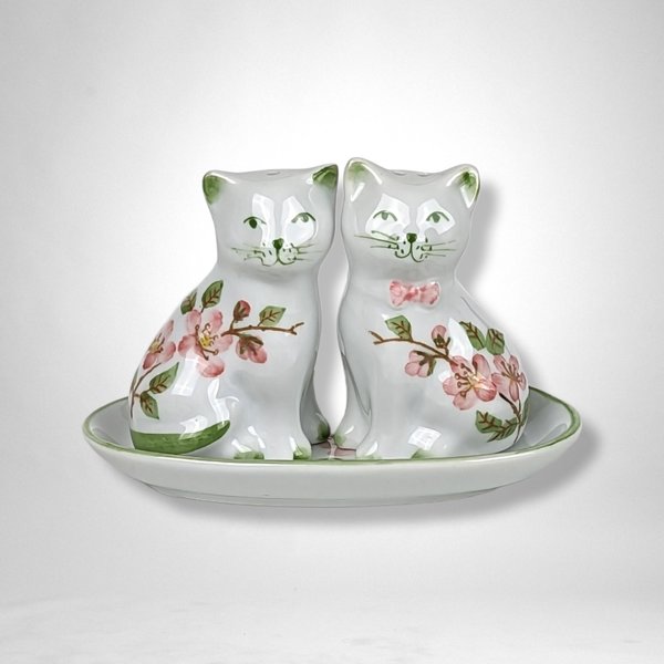 Cherry Blossom Cat Salt and Pepper on Tray