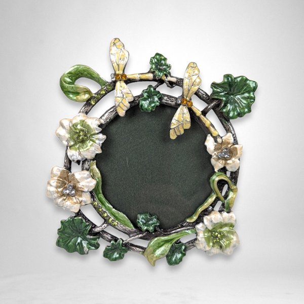 Sicura Italian Metal Picture Frame with Austrian Crystal and Enamel Dragonfly