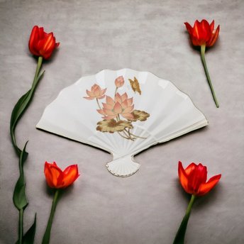 Vintage Japanese Ceramic Fan Adorned with Waterlilies