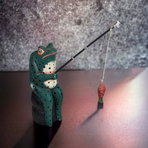 Hand Painted Carved Wooden Frog Fishing Figurine