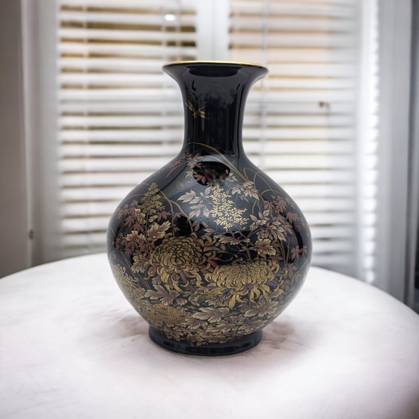 Shibata Japan Black Floral Porcelain Vase