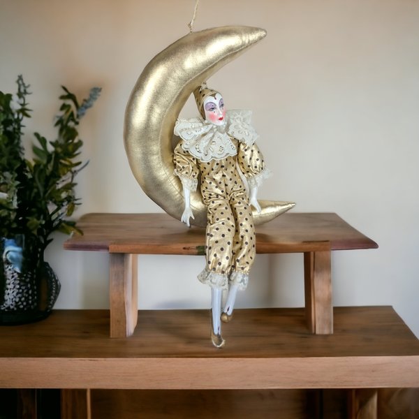 Porcelain 18" Harlequin on a Moon Doll Wall Hanging - Whimsical Decor Accent