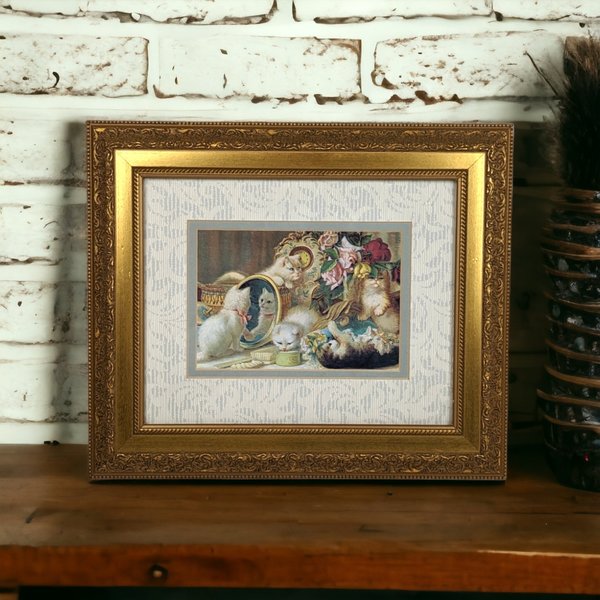 Charming Vintage Framed Print: Kittens on Vanity
