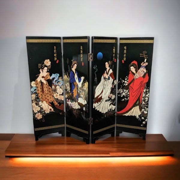 Black Laquer Asian Tabletop Hand Painted Screen