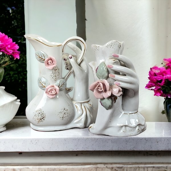Timeless Elegance: Vintage Ceramic Hand Vases - A Pair of Artistic Grace