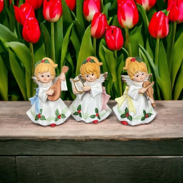 Set of 3 Ceramic Homco Angels with Instruments - Collectible Musician Figurines