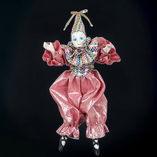 Vintage 10" Harlequin Doll in Pink with Stand