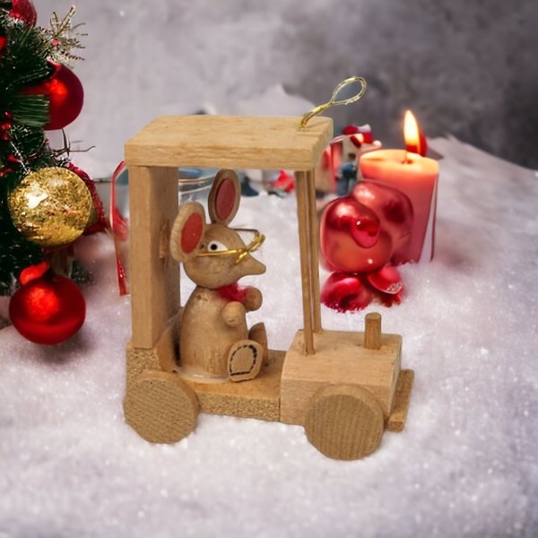 Vintage Wooden Mouse in Car Ornament