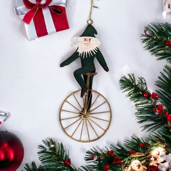 1992 Charlene Smith Signed Metal Ornament of Santa on a Unicycle