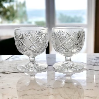 Exquisite Pair of Vintage Cut Crystal Cognac Glasses