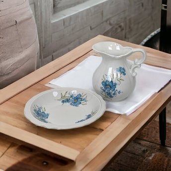 Vintage Inarco E-4542 Small Pitcher and Bowl Set with Blue Flowers