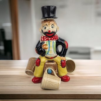 Vintage Ceramic Hobo Clown Decanter Set with 4 Cups