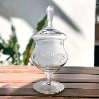 Vintage Clear Glass Candy Dish with Lid & Etched Flower Design