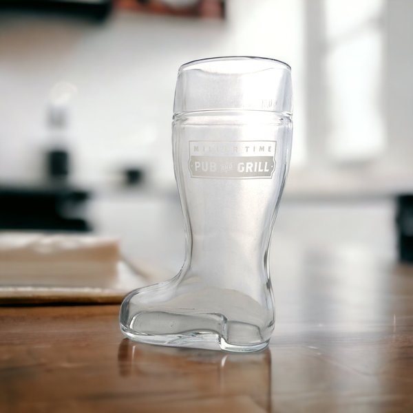 Miller Time Pub and Grill Clear Glass Boot-Shaped Mug - Unique Beer Glassware
