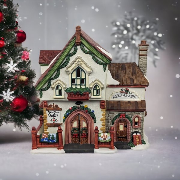 2002 Santa's Workshop Patchworks Quilt Shop - Collectible Christmas Village House