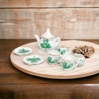 Delton Product Tiny Fairy Clover Tea Set for 2 with Basket