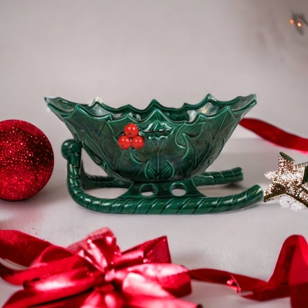 Festive Charm: Vintage Lefton Christmas Holly Medium Sleigh 1346