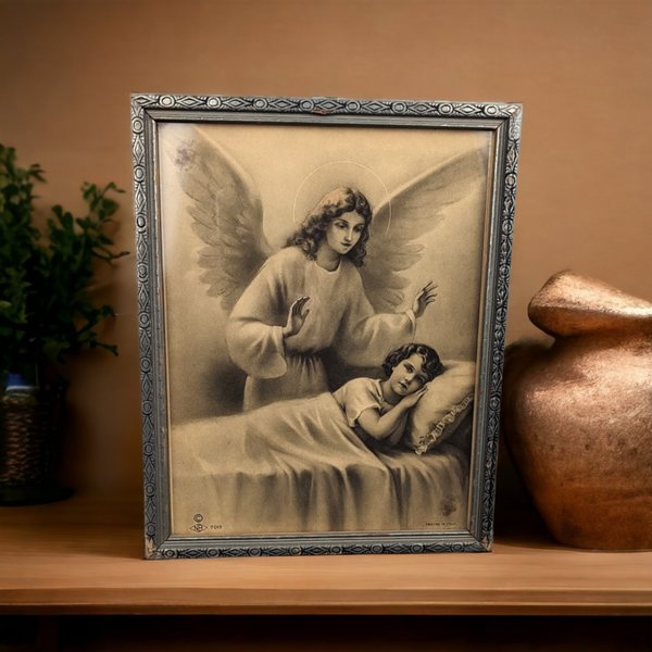 Vintage Guardian Angel Over Bed Framed Print: Serene Blessings
