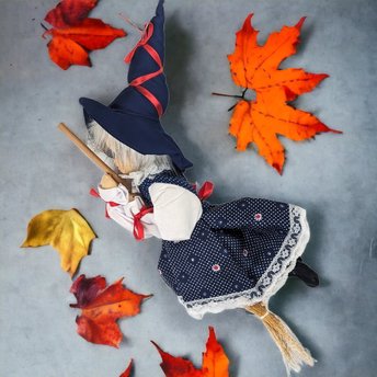 Vintage Hanging Witch on Broom with Porcelain Face