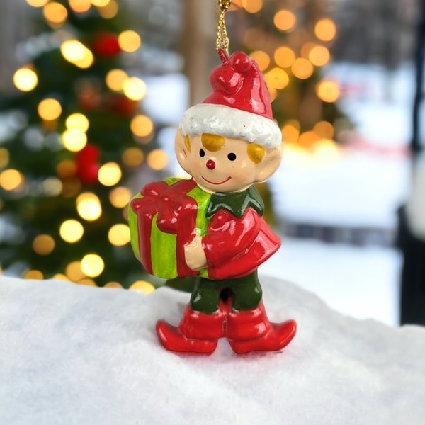 Charming Vintage Ceramic Elf with Present Christmas Ornament
