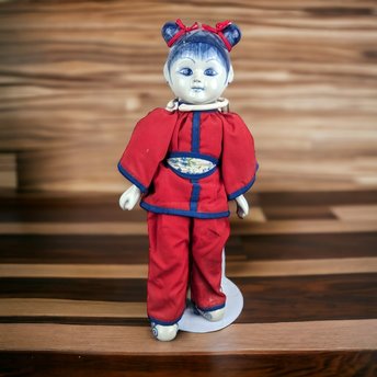 Vintage Asian Decor Blue and White Porcelain Girl Doll
