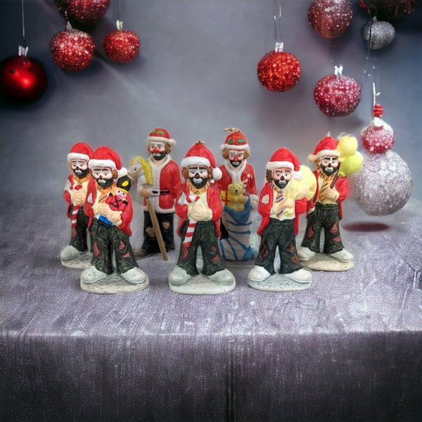 Charming Set of 7 Vintage Emmett Kelly Jr Hobo Clown Figurine/Christmas Ornaments