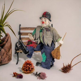 Vintage Clyde the Hobo Clown Doll on Bench (12")