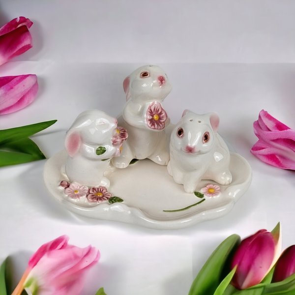1985 Avon Bunny 3 Piece Salt and Pepper Shaker Set - Vintage Collectibles