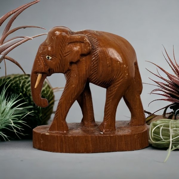 Exquisite Vintage Wood Carved Elephant Figurine