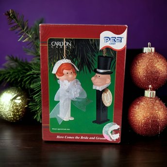 2001 Carlton Cards PEZ Here Comes the Bride and Groom Ornament Set