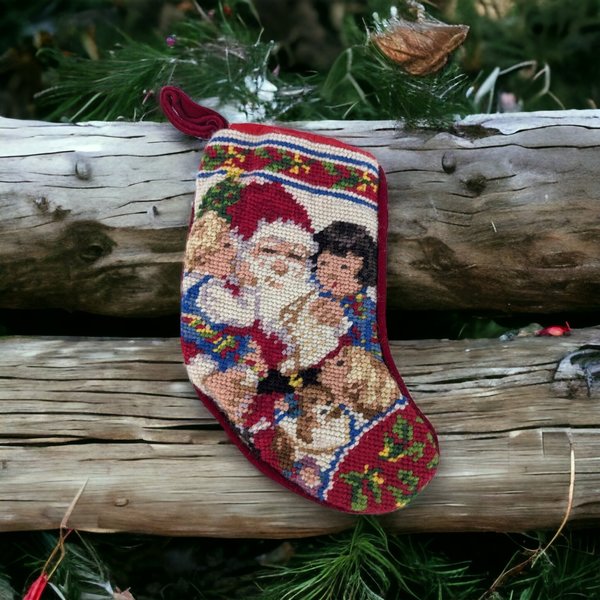 Charming Vintage Needlepoint Small Christmas Stocking with Santa and Children - Festive Holiday Decor