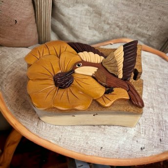 Handcrafted Hummingbird Wooden Puzzle Box, Missing a Piece