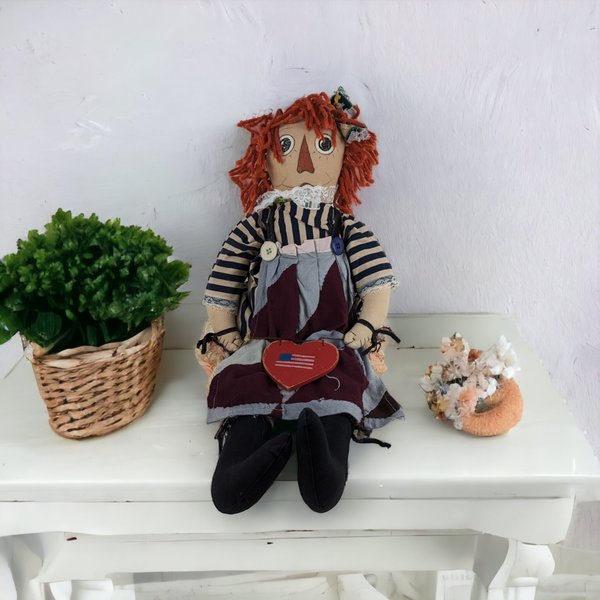Handcrafted Vintage 23" Raggedy Ann with Heart and American Flag - Patriotic Charm