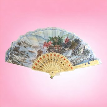 Vintage Tian Shiang Fabric Printed Scenery Scent Folding Fan