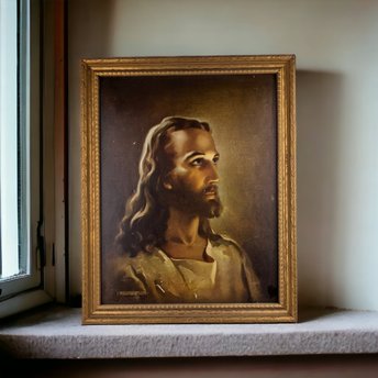 1941 Head of Christ Kriebel & Bates Lithograph – Vintage Spiritual Artistry and Timeless Reverence