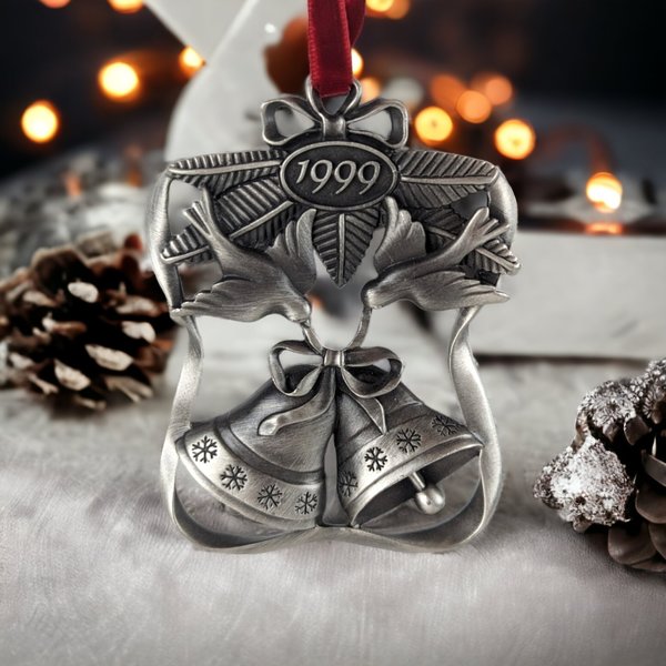 Avon 1999 Pewter Season of Peace Christmas Bells Ornament - Timeless Elegance for Your Holiday Décor!