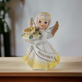 Vintage Ceramic Birthday Month November Angel Figurine - Charming Collectible