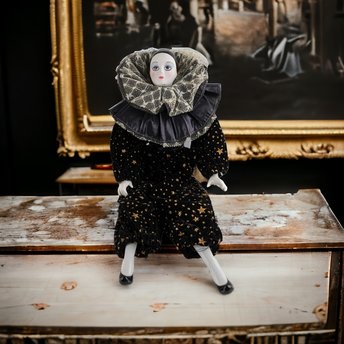 Vintage 14" Porcelain Harlequin Clown Doll, Black Clothes with Stars