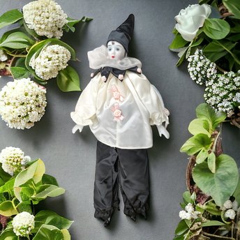 Vintage 19" Porcelain Harlequin Doll, Black and White with Pink Flowers