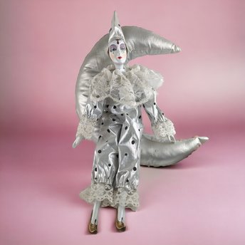 Vintage Silver Harlequin, Clown Doll on Moon Hanging Decor