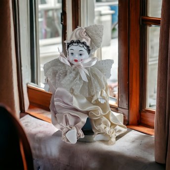 Vintage 8" Kingstate Porcelain Harlequin Clown Doll, Heart on Cheek