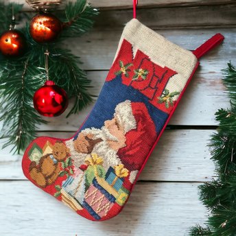 Vintage Needlepoint Santa With Presents Christmas Stocking