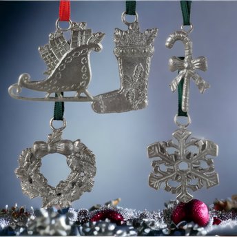 Set of 19 Vintage Pewter Christmas Ornaments | Candy Cane, Wreath, and Stocking Designs | Classic Holiday Decor for Festive Celebrations