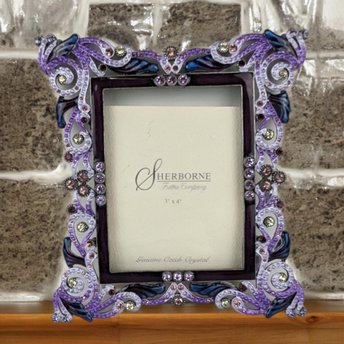Vintage Sherborne Purple Enamel & Crystal Picture Frame | 3x4 Photo | Ornate Jeweled Frame | Victorian Style Home Decor