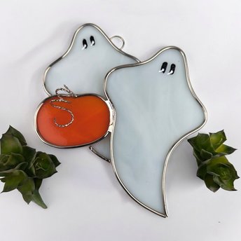 Vintage Stained Glass Ghosts and Pumpkin Hallowen Suncatcher (5")