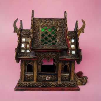 Vintage Handcrafted Wood and Glass Thai Spirit House