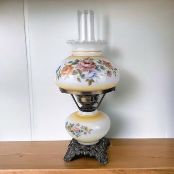 Vintage L&L WMC Floral Hurricane Lamp, 1970s Gone With The Wind Style